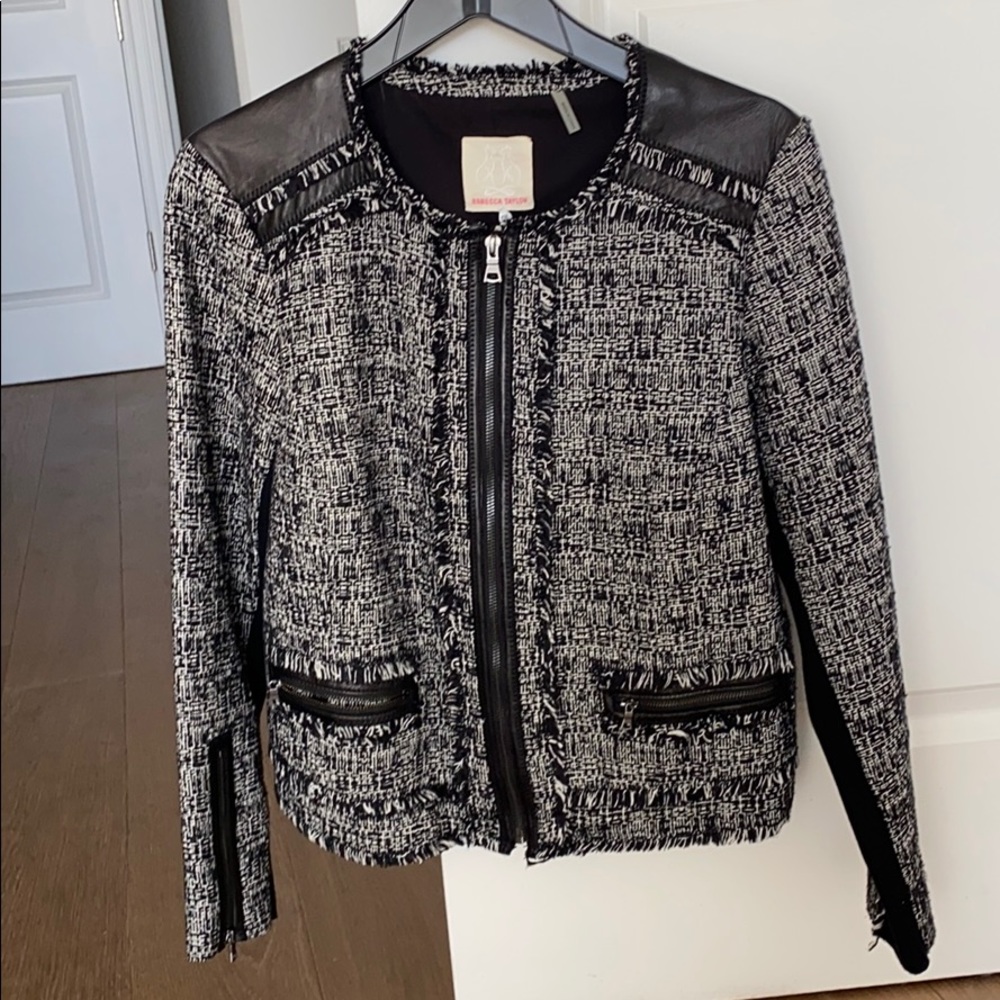 Rebecca Taylor tweed jacket black leather size 10